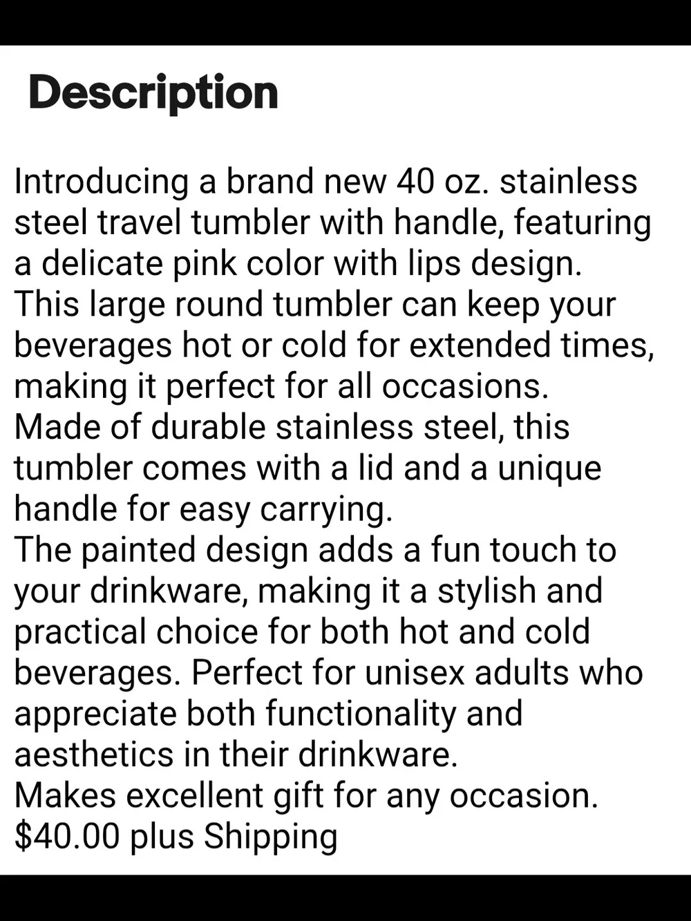 Pink Lips Kiss Print 40oz Stainless Steel Insulated Tumbler W/Side Handle